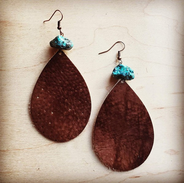 Teardrop Earrings in Brown with Turquoise Chunk