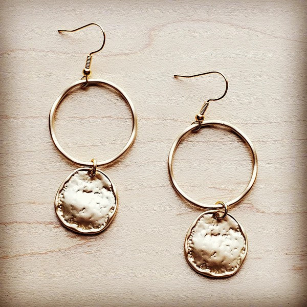 Matte Gold Hoop Earrings with Coin Dangle