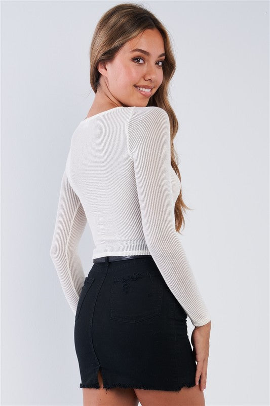 Fitted Cream Long Sleeve Knit Crew Neck Top