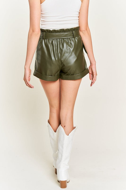 High-rise waist Belted Faux Leather Short JJB5001