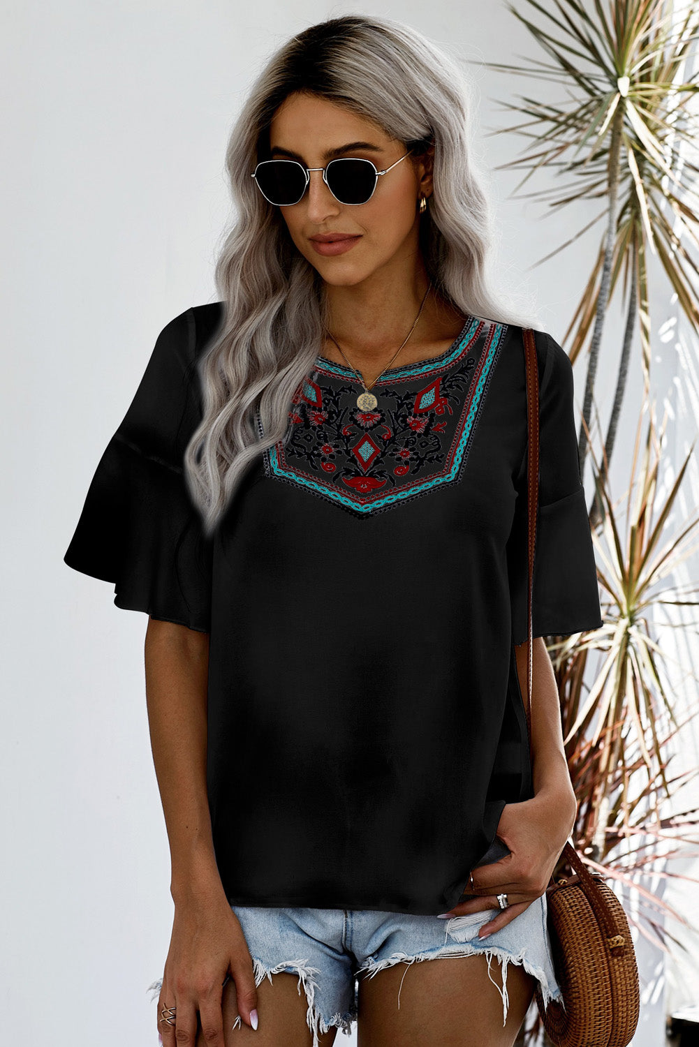 Embroidered Round Neck Half Sleeve Blouse