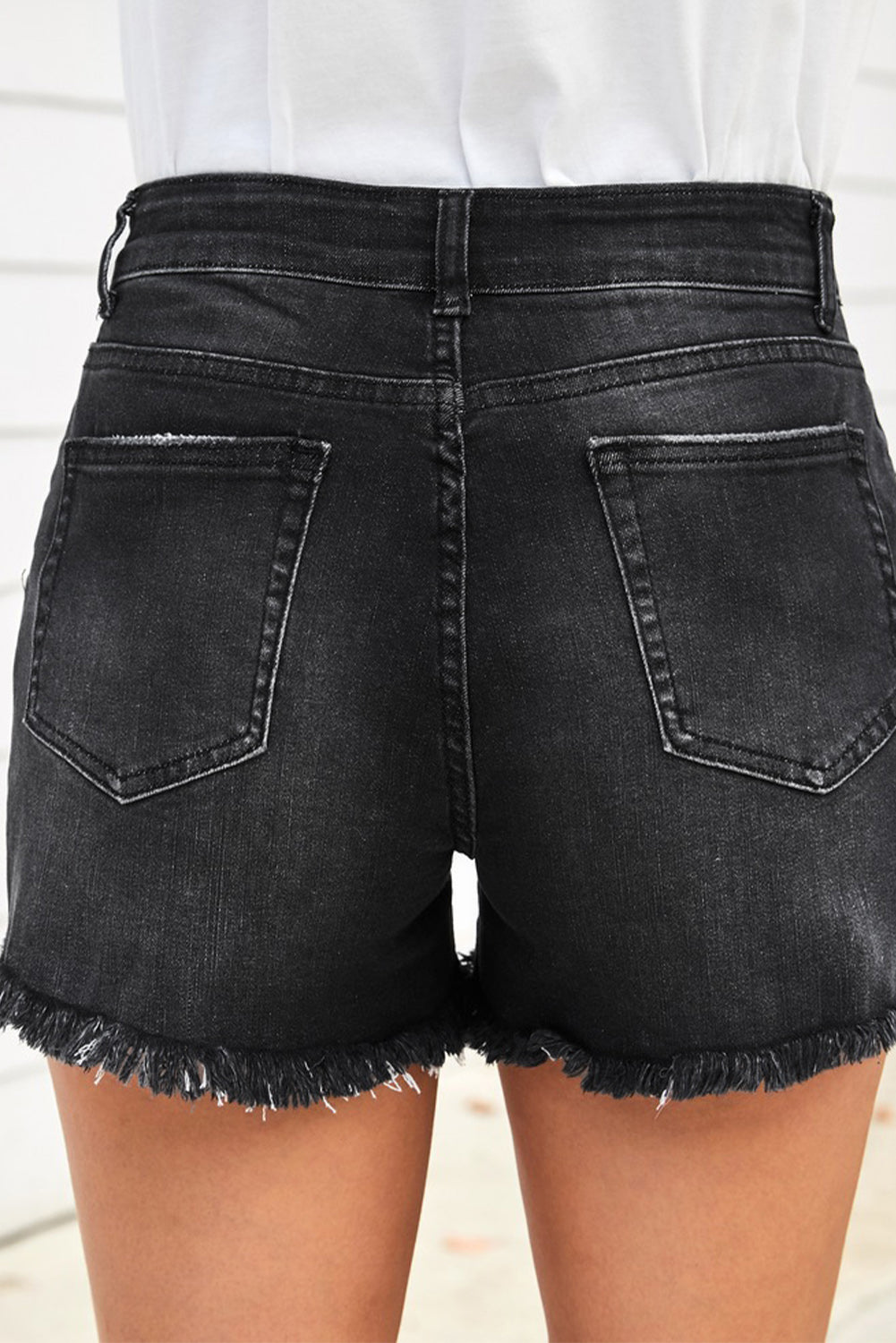 Raw Hem Distressed Denim Shorts with Pockets