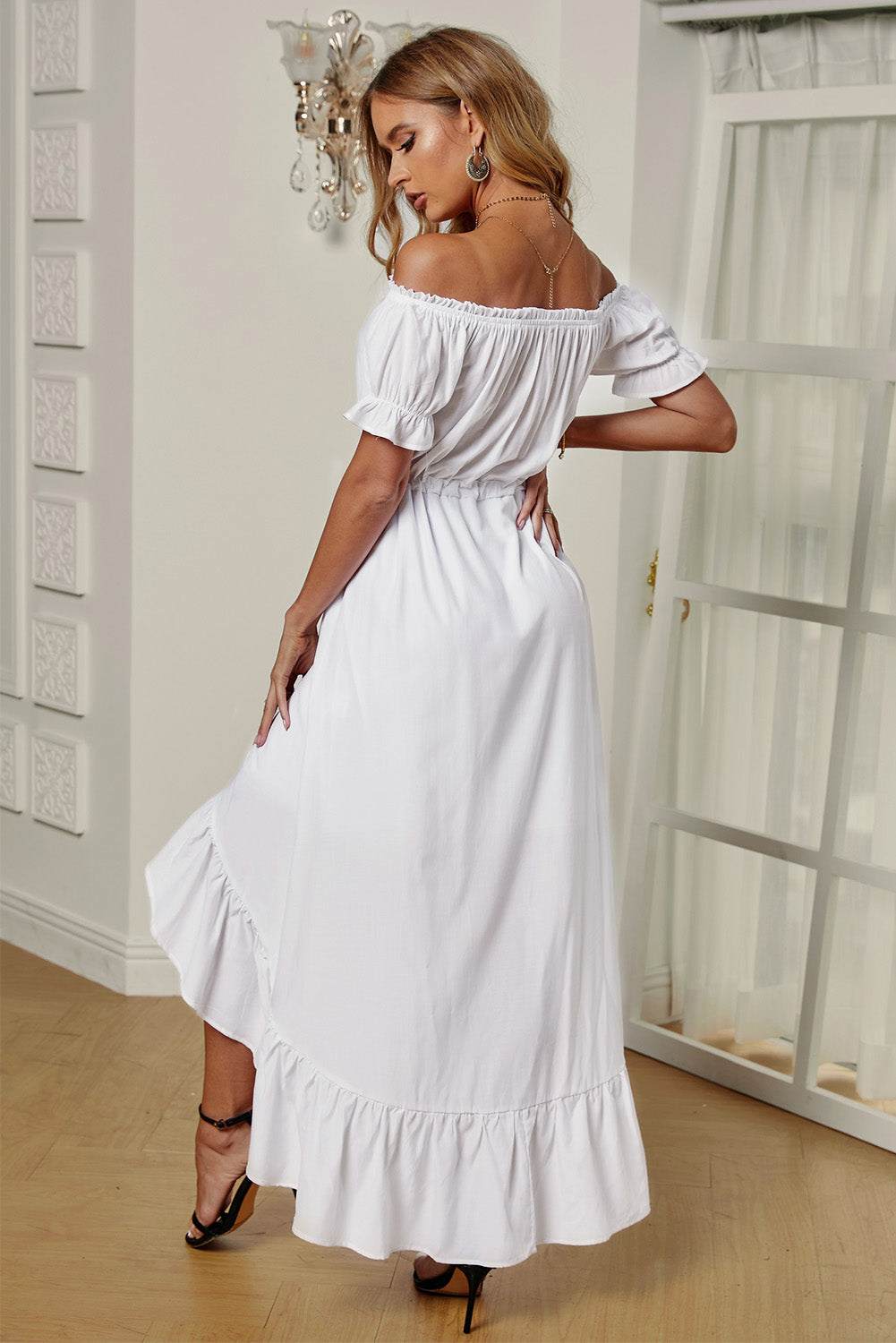 Off-Shoulder Drawstring Waist Ruffled High-Low Dress